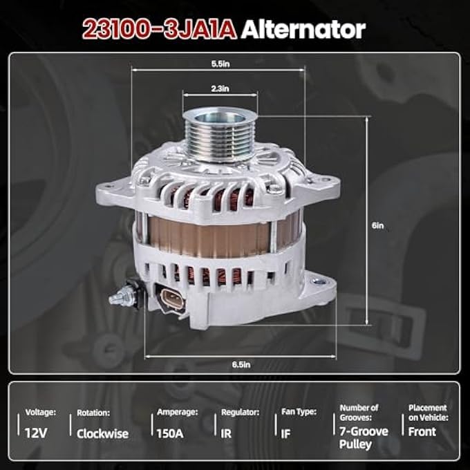 FuseRish 23100-3JA1A Alternator 150A 12V Compatible with Nissan Murano 2015-2017, Pathfinder 2013-2017, for Infiniti QX60 2014-2016, JX35 2013, 2.5L 3.5L 7-Groove Pulley Replace A003TJ3991, 11538N - Image 3