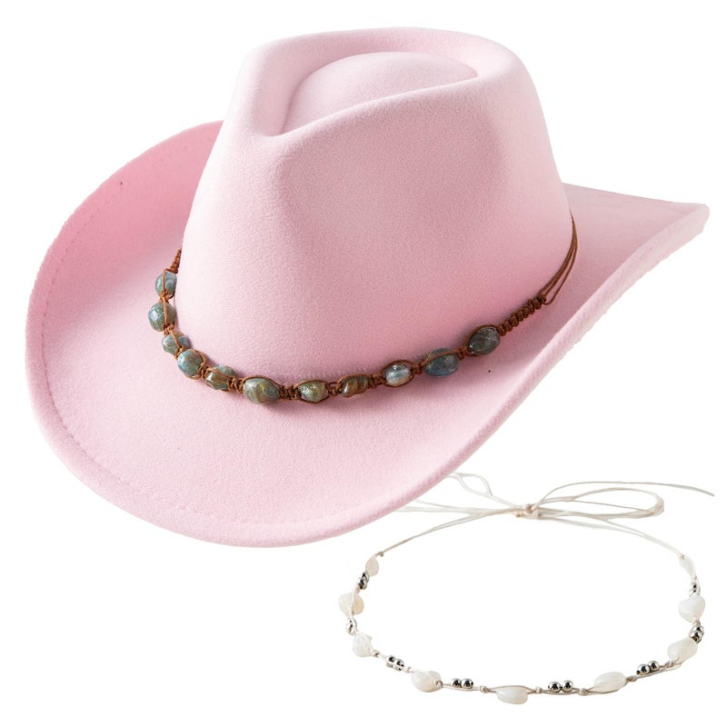 Jastore Western Cowboy Hat for Kids Girl Boy Classic Fedora Hat Felt Cowgirls Hats with Two Decorative Bands (US, Age, 6 Years, 12 Years, Light Pink) - Image 1