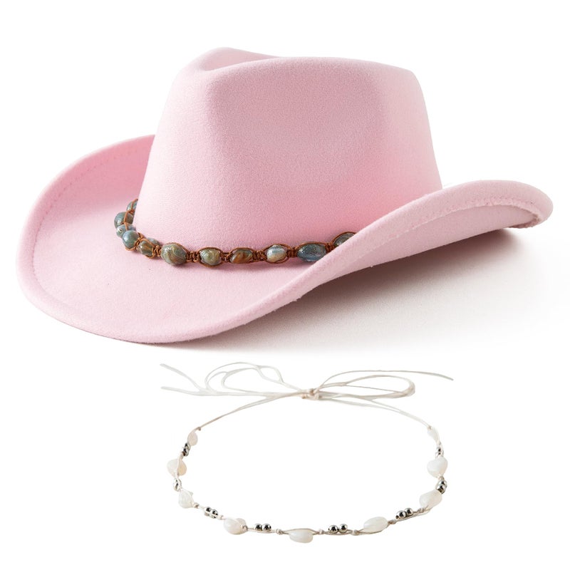 Jastore Western Cowboy Hat for Kids Girl Boy Classic Fedora Hat Felt Cowgirls Hats with Two Decorative Bands (US, Age, 6 Years, 12 Years, Light Pink) - Image 2