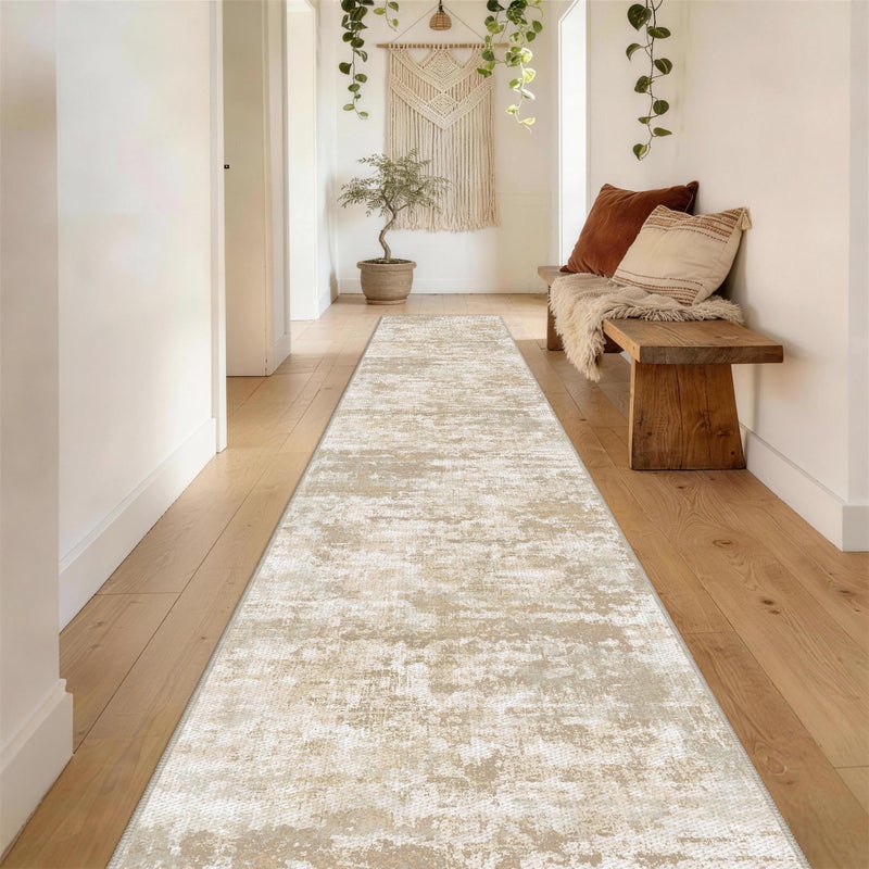 TTelephant Non Slip Floor Runners for Dogs 2.6x12 Washable Runner Rug Abstract, Joint Support for Senior Dogs, Woven, Extra Grip Traction Runners for Hallway, Entryway, Walkway, Beige/Yellow - Image 1