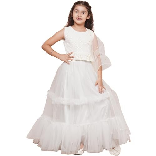 AJ DEZINES Kids Ethnic Wear Chiffli Chikankari Printed White Lehenga Ghagra Choli Set For Girls (G-LH08-WHITE-38) - Image 1