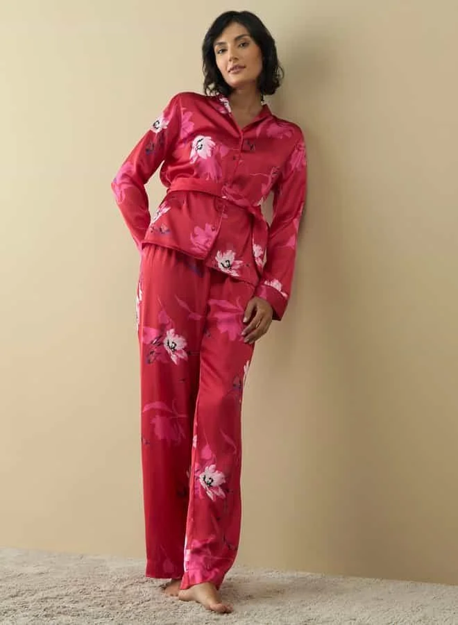 Splash FAV All-Over Floral Print Shirt with Belt Tie-Up and Pyjama Set