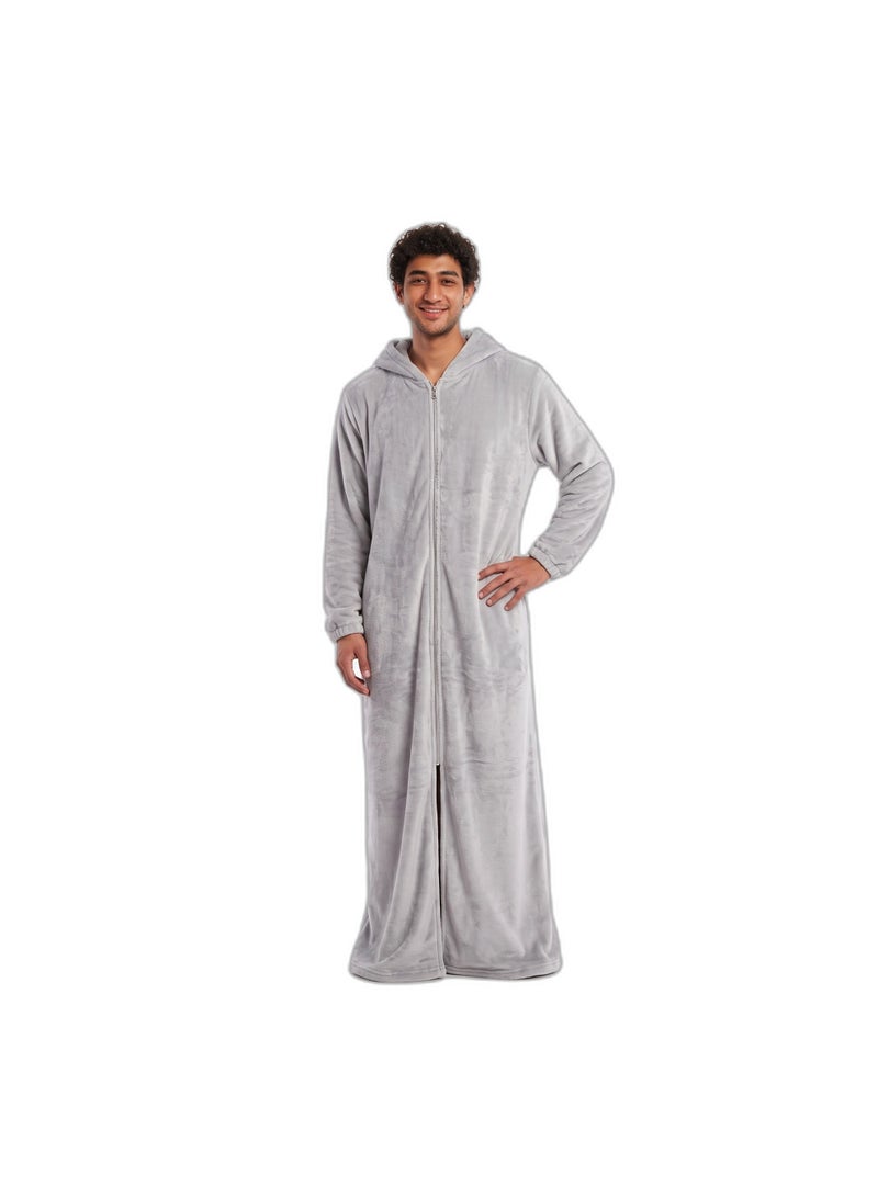 Men's Long Hooded Fleece Robe - Full Zip Plush Lounge Robe with Side Pockets and Elastic Cuffs - Light Grey