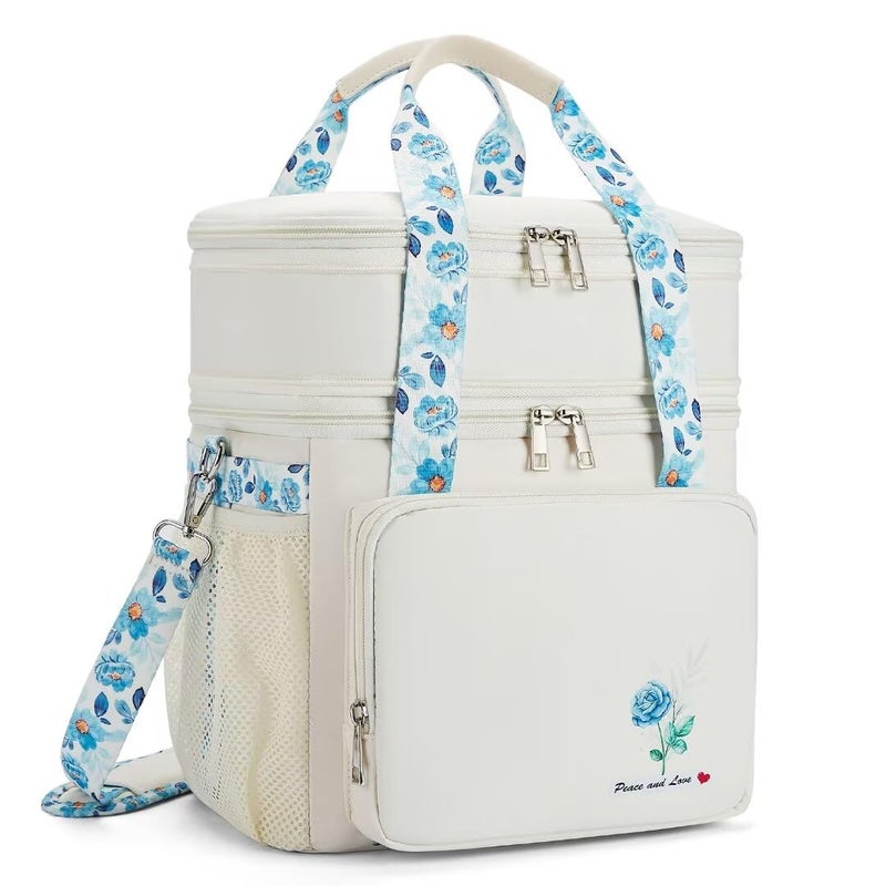 HSHRICH Insulated Lunch Bag Box for Women Dual Compartment Waterproof Reusable Large Lunch Box for Women WideOpen Tote Cooler Bag For Working Picnic Hiking 16L WhiteFlowers