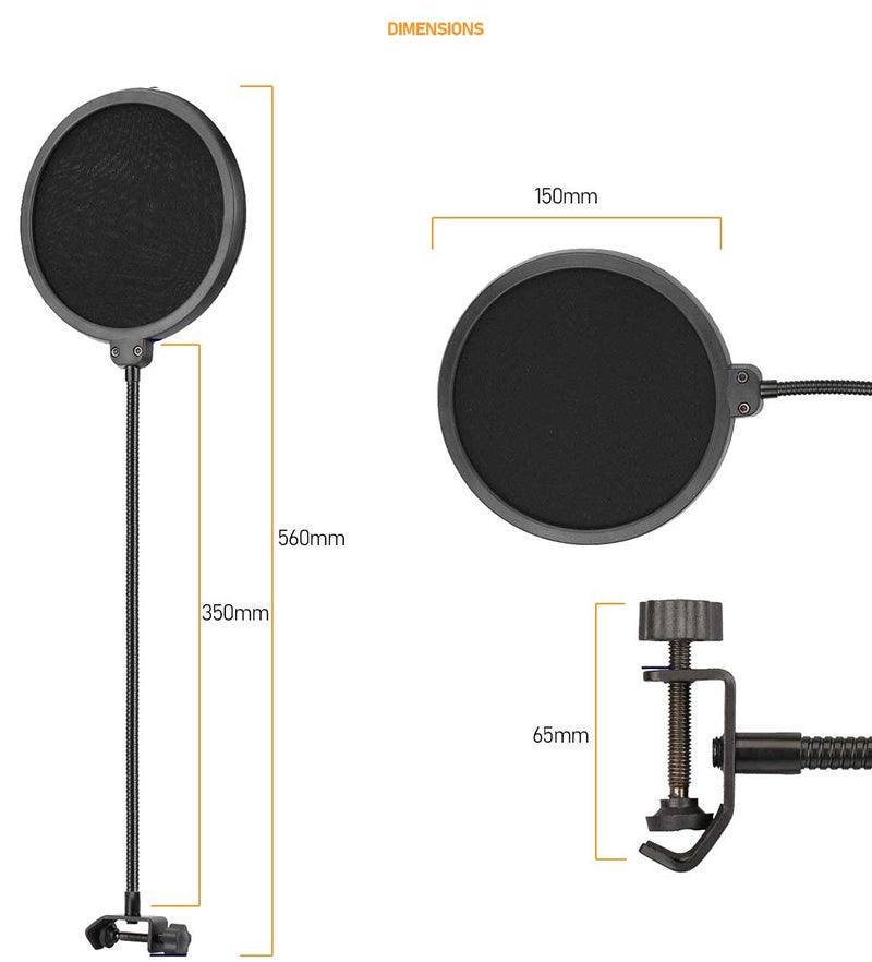Powerpak PF-100 6 inch Studio Microphone Pop Filter | For Singing, Music making, Smule, Studio Recording and YouTube | Shield Mask with 360 flexible pop filter screen with Gooseneck clip (Black) - Image 2