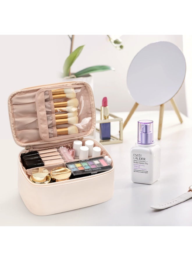Makeup Bag, Portable Cosmetic Bag, Large Capacity Travel Makeup Case Organizer, Black Makeup Bags For Women Toiletry Bag for Girls Traveling With Handle and Divider- Beige (Z0029-11) - Image 3