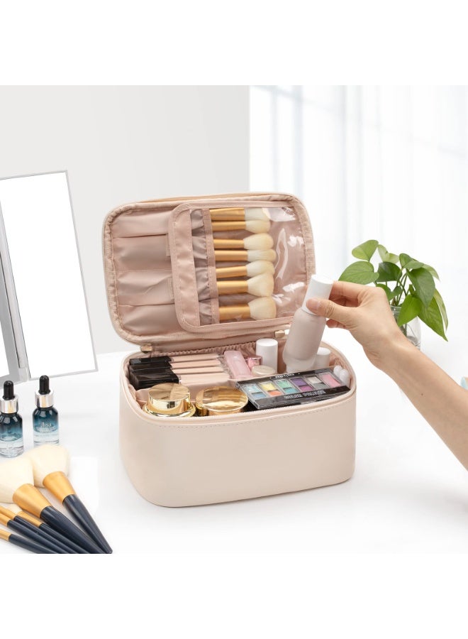 Makeup Bag, Portable Cosmetic Bag, Large Capacity Travel Makeup Case Organizer, Black Makeup Bags For Women Toiletry Bag for Girls Traveling With Handle and Divider- Beige (Z0029-11) - Image 2