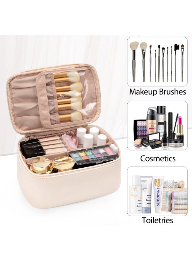 Makeup Bag, Portable Cosmetic Bag, Large Capacity Travel Makeup Case Organizer, Black Makeup Bags For Women Toiletry Bag for Girls Traveling With Handle and Divider- Beige (Z0029-11) - Image 1