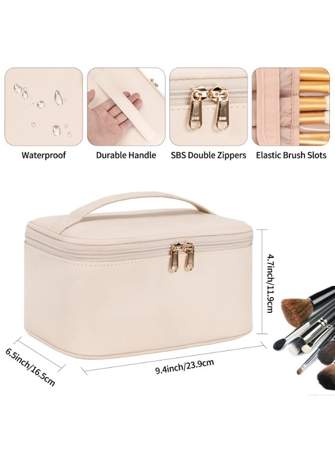 Makeup Bag, Portable Cosmetic Bag, Large Capacity Travel Makeup Case Organizer, Black Makeup Bags For Women Toiletry Bag for Girls Traveling With Handle and Divider- Beige (Z0029-11) - Image 5