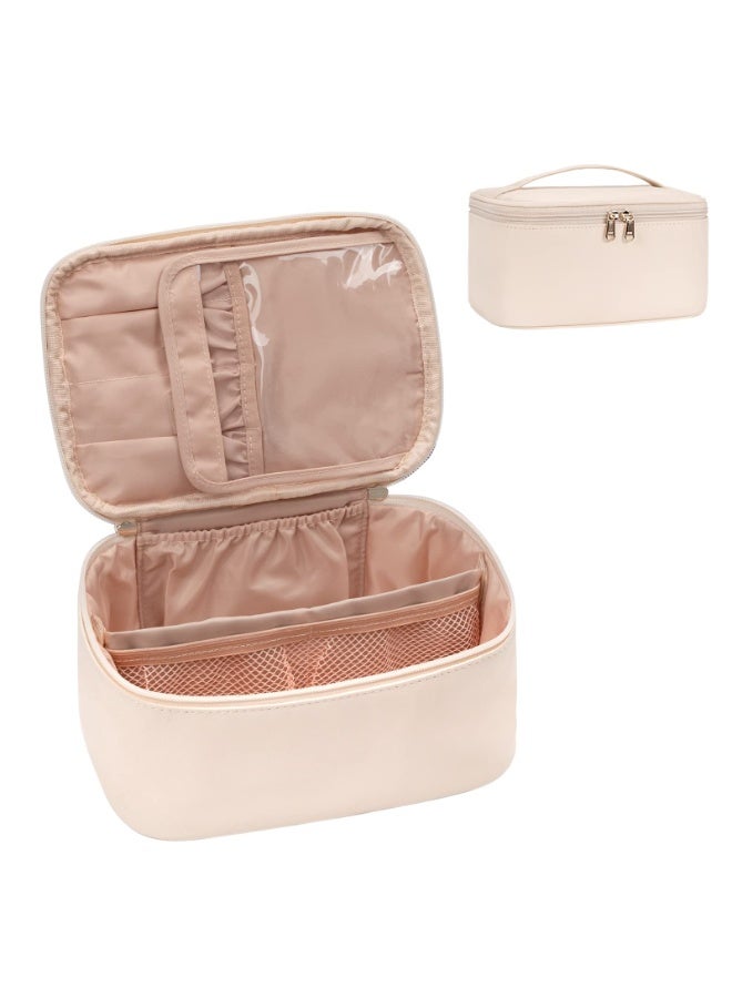 Makeup Bag, Portable Cosmetic Bag, Large Capacity Travel Makeup Case Organizer, Black Makeup Bags For Women Toiletry Bag for Girls Traveling With Handle and Divider- Beige (Z0029-11) - Image 4