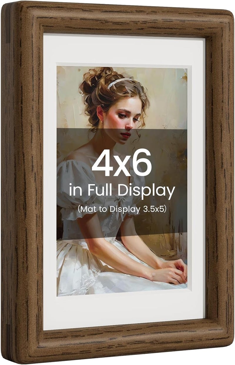 Heimlove 4x6 Picture Frame Natural Oak Wood From California-USA Walnut Color Finished Frame with Real Tempered Glass,Handcrafted 4 x 6 Photo Frames Matted to 3.5x5,Family,Graduation Picture Table & Wall - Image 1