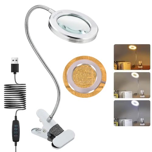 BROLAVIYA Overhead 5X Magnifying Glass with 12cm Led Light, 3 Color Modes Dimmable, Flexible Hose Metal Arm, Magnifier Desk Lamp for Crafts, Makeup, Reading, Photography – Silver - Image 1