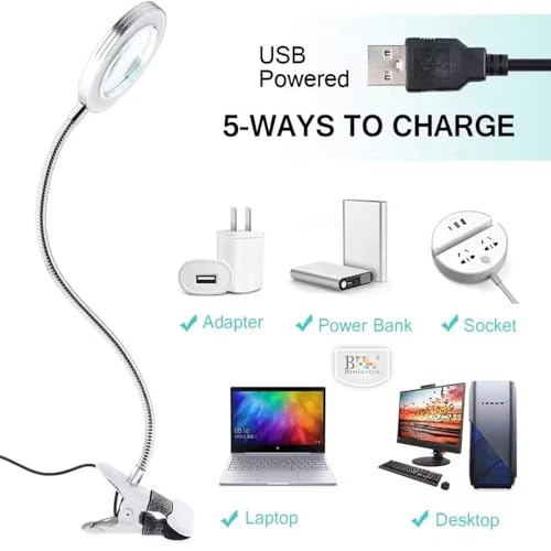 BROLAVIYA Overhead 5X Magnifying Glass with 12cm Led Light, 3 Color Modes Dimmable, Flexible Hose Metal Arm, Magnifier Desk Lamp for Crafts, Makeup, Reading, Photography – Silver - Image 5
