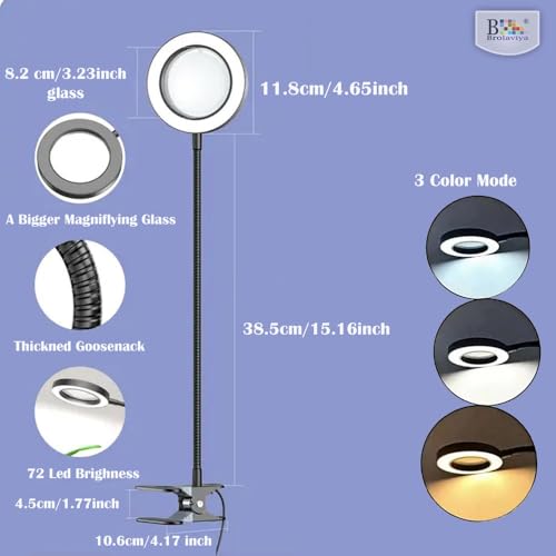 BROLAVIYA Overhead 5X Magnifying Glass with 12cm Led Light, 3 Color Modes Dimmable, Flexible Hose Metal Arm, Magnifier Desk Lamp for Crafts, Makeup, Reading, Photography – Silver - Image 4