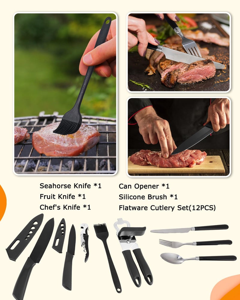 Hozzen Camping Cooking Utensil Set - 33 Pcs Camping Cookware Set, Portable Car Camp Essentials for Cooking and Grilling,Ideal Gift for RV Tent Camper, Picnics, BBQs, Parties - Image 3