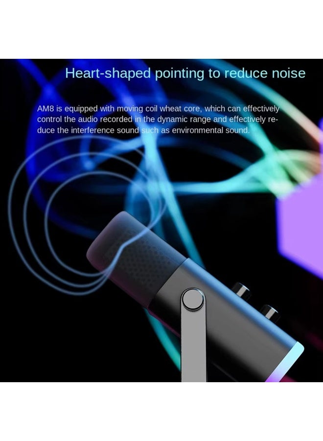 تانجبلب ميكروفون ديناميكي من نوع USB/XLR لتسجيل البودكاست، ميكروفون بث للألعاب والستريمينغ لأجهزة الكمبيوتر مزود بإضاءة RGB، زر كتم الصوت، مقسم سماعات الرأس، حامل مكتبي، ميكروفون غنائي لليوتيوب - AmpliGame AM8 - Image 5