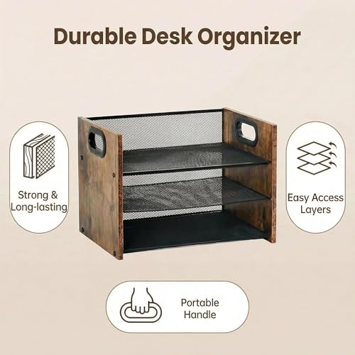 Boershun Desk Organizer - 3 Tier Wood & Metal Mesh Desktop Organizer for Office, Home, School, Workspace, Office Desk Organzier for Papers, Mail, Notebooks, Stationery - Image 2