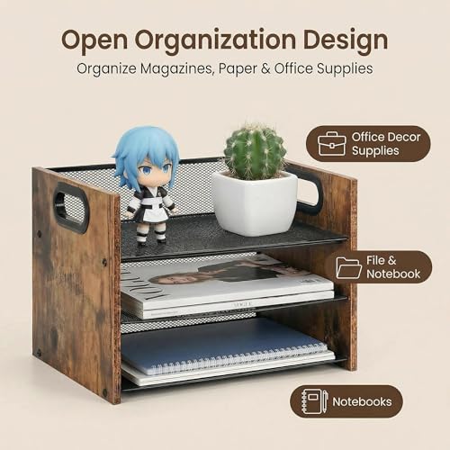 Boershun Desk Organizer - 3 Tier Wood & Metal Mesh Desktop Organizer for Office, Home, School, Workspace, Office Desk Organzier for Papers, Mail, Notebooks, Stationery - Image 4