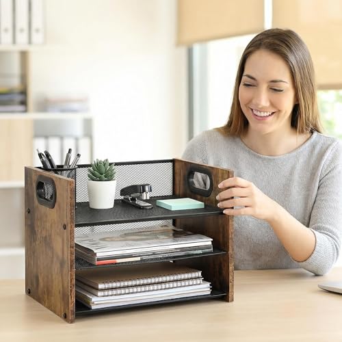 Boershun Desk Organizer - 3 Tier Wood & Metal Mesh Desktop Organizer for Office, Home, School, Workspace, Office Desk Organzier for Papers, Mail, Notebooks, Stationery - Image 5