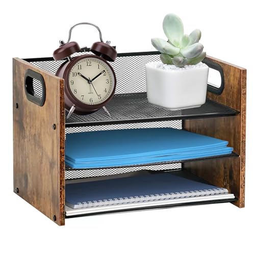 Boershun Desk Organizer - 3 Tier Wood & Metal Mesh Desktop Organizer for Office, Home, School, Workspace, Office Desk Organzier for Papers, Mail, Notebooks, Stationery - Image 1