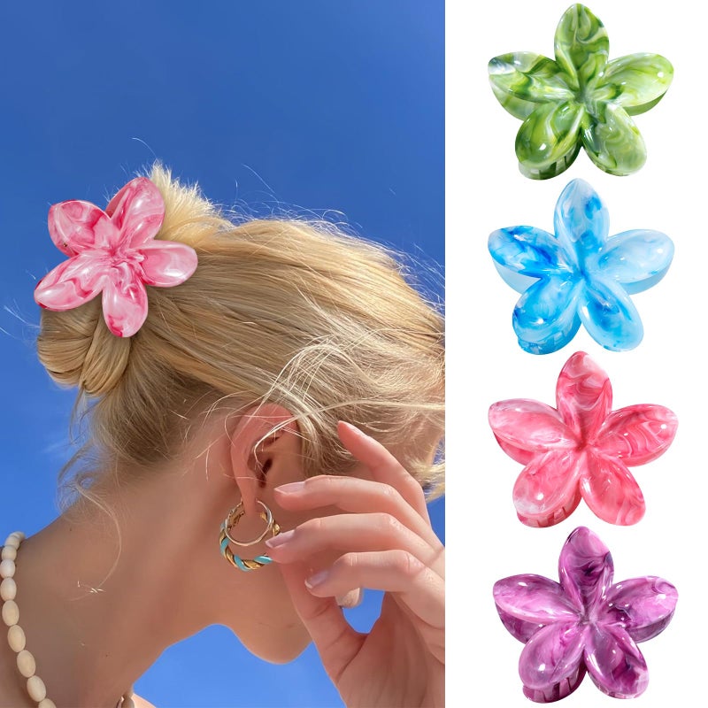 Flower Claw Clips 4PCS Hawaiian Plumeria Flower Hair Clips Artistic Multi Color Smudge Pattern Barrettes Beach Tropical Hair Accessories for Women and Girls Color P