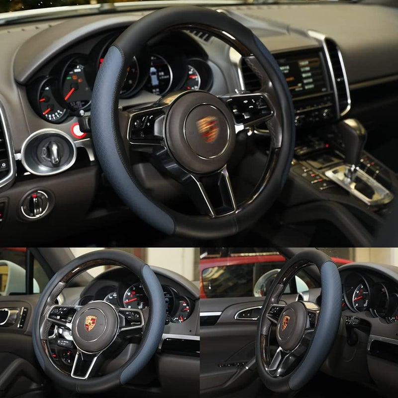 VARGTR Steering Wheel Cover, Microfiber Leather Splicing with Classic Embossing,Contrasting Colors Anti-Slip Breathable Auto Car Steering Wheel Cover Fit 15 Inch Car Wheel Protector (Black&Blue) - Image 3
