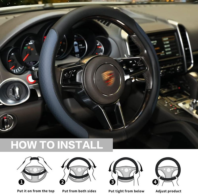 VARGTR Steering Wheel Cover, Microfiber Leather Splicing with Classic Embossing,Contrasting Colors Anti-Slip Breathable Auto Car Steering Wheel Cover Fit 15 Inch Car Wheel Protector (Black&Blue) - Image 5