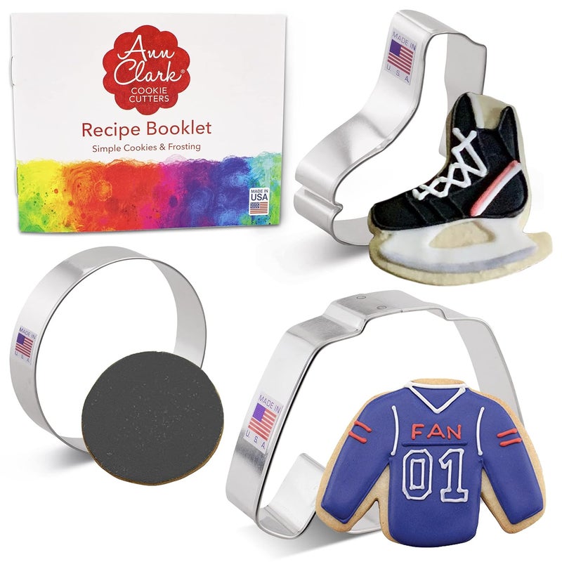 Ann Clark Cookie Cutters Ann Clark Cookie Cutters 3 Piece Ice Hockey Set with Recipe Booklet Jersey Hockey Skate and Puck  - Image 1