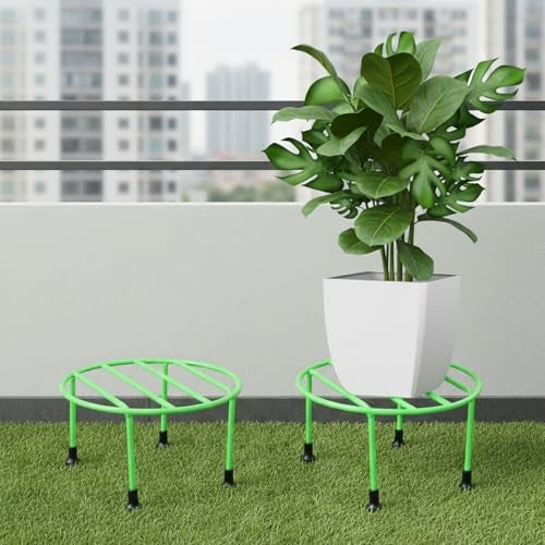 ORILEY Plant Round Stand Galvanised Metal Flower Pot Holder Gamla Support Corner Rack Outdoor Display Shelf for Home Garden Balcony Decoration - (Pack of 2, Green) - Image 1