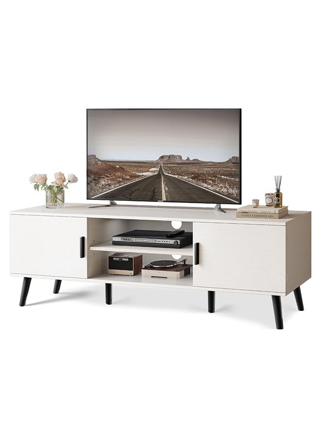إن كي أكس خزانة تلفزيون مع رف قابل للتعديل وأقدام من الخشب الصلب لغرفة المعيشة وغرفة النوم باللون الأبيض - Image 1