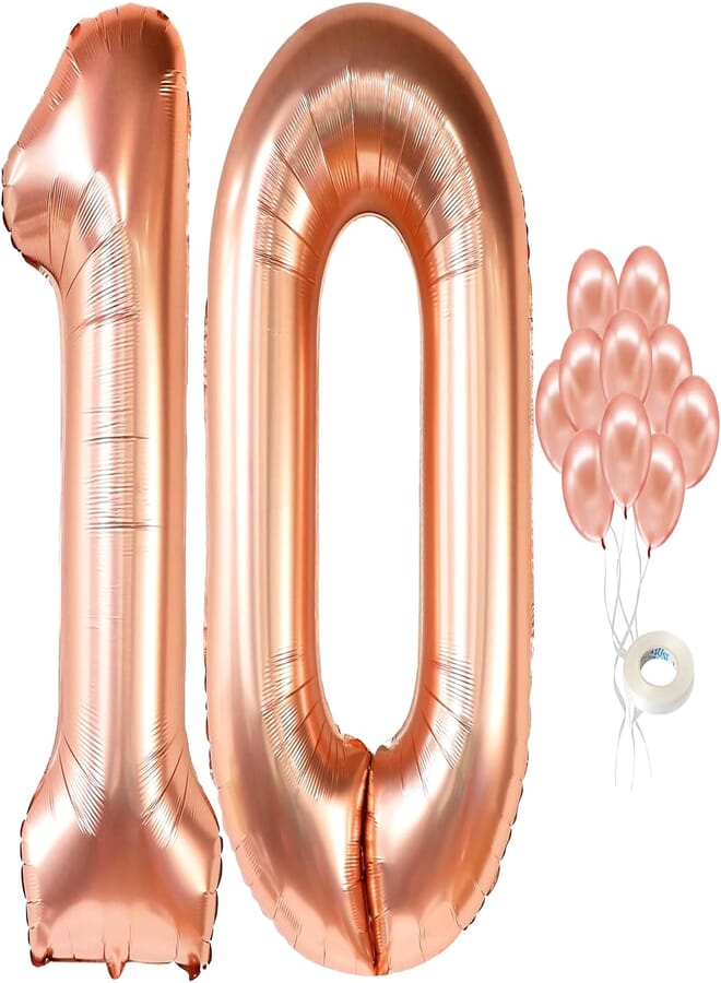 KATCHON Large Rose Gold Number 10 Balloon - 40 Inch Mylar 10 Birthday Balloon | Rose Gold Latex Balloons, Pack of 10 | 10 Balloon Number for 10th Birthday Decorations for Girls | 10 Year Anniversary Decor 