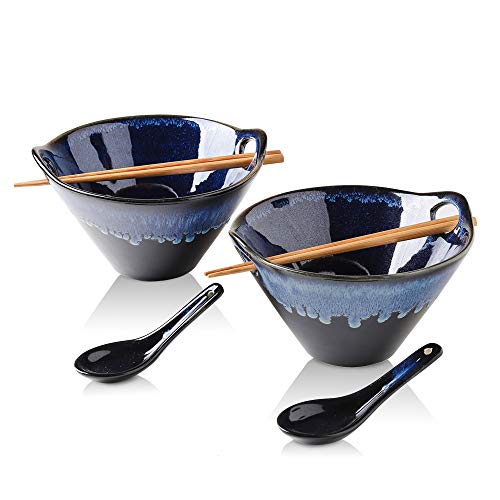 KOOV Porcelain Japanese Ramen Bowls with Chopsticks and Spoons, 26 Ounce, Deep Pho Bowl, Reactive Glaze (Blue Galaxy), Set of 2 - Image 1