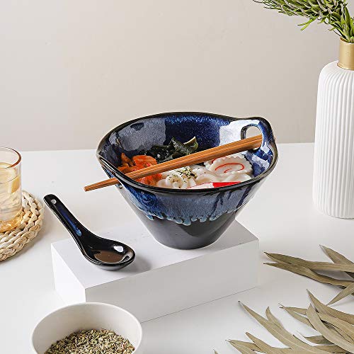 KOOV Porcelain Japanese Ramen Bowls with Chopsticks and Spoons, 26 Ounce, Deep Pho Bowl, Reactive Glaze (Blue Galaxy), Set of 2 - Image 5