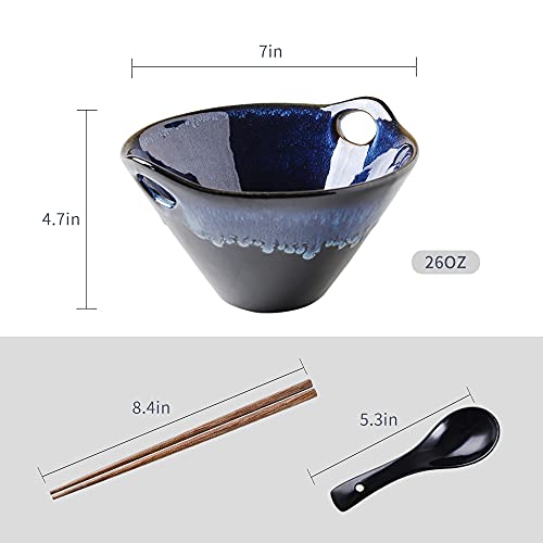 KOOV Porcelain Japanese Ramen Bowls with Chopsticks and Spoons, 26 Ounce, Deep Pho Bowl, Reactive Glaze (Blue Galaxy), Set of 2 - Image 3