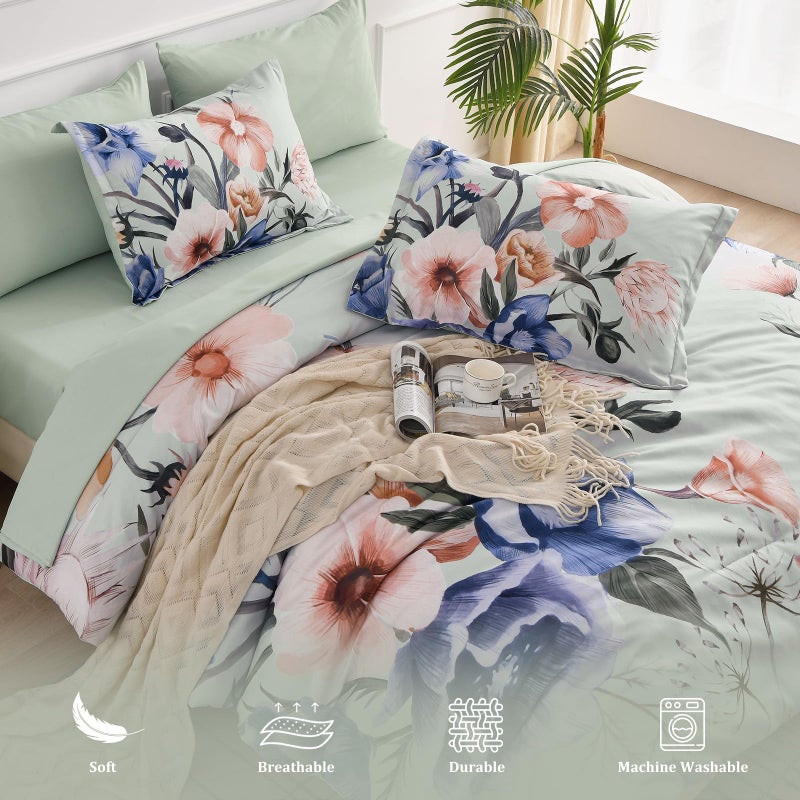 Luxudecor Floral Comforter Set Queen Size 7 Piece, Green Flower Bed in a Bag, Elegant Floral Comforter with Sheet Set, Soft Microfiber Bedding Set for All Season (Green, 90"x90") - Image 4