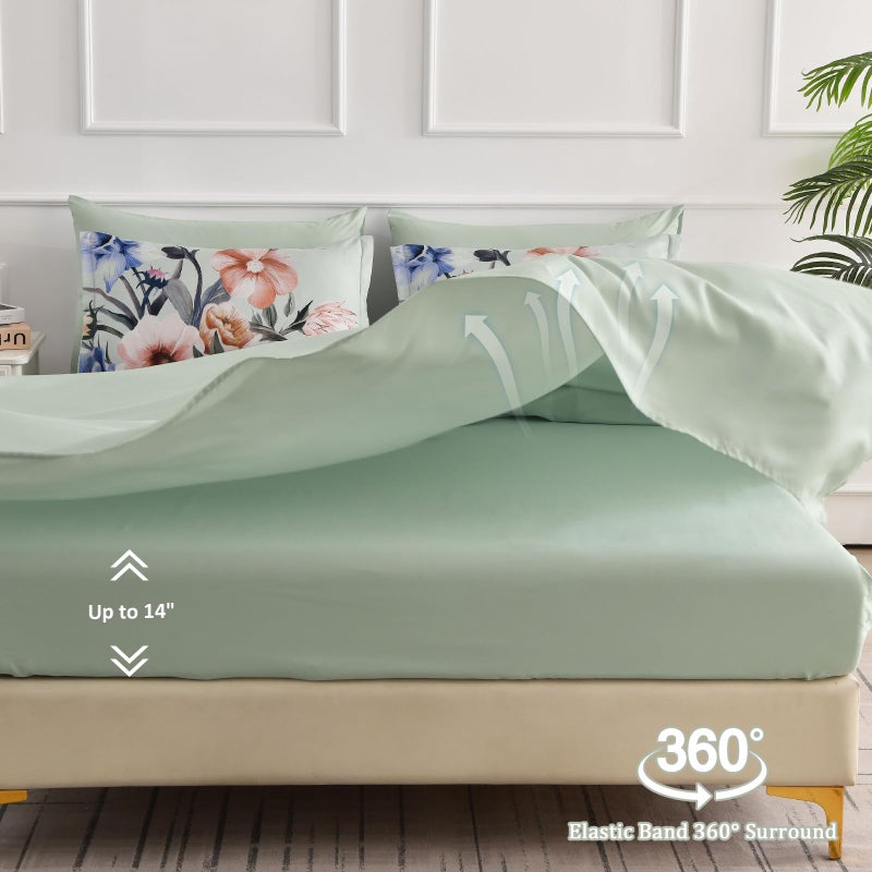 Luxudecor Floral Comforter Set Queen Size 7 Piece, Green Flower Bed in a Bag, Elegant Floral Comforter with Sheet Set, Soft Microfiber Bedding Set for All Season (Green, 90"x90") - Image 5