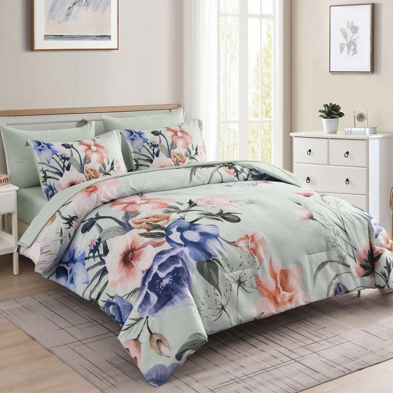 Luxudecor Floral Comforter Set Queen Size 7 Piece, Green Flower Bed in a Bag, Elegant Floral Comforter with Sheet Set, Soft Microfiber Bedding Set for All Season (Green, 90"x90") - Image 2