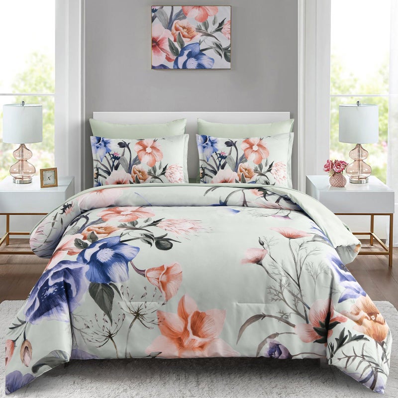 Luxudecor Floral Comforter Set Queen Size 7 Piece, Green Flower Bed in a Bag, Elegant Floral Comforter with Sheet Set, Soft Microfiber Bedding Set for All Season (Green, 90"x90") - Image 1