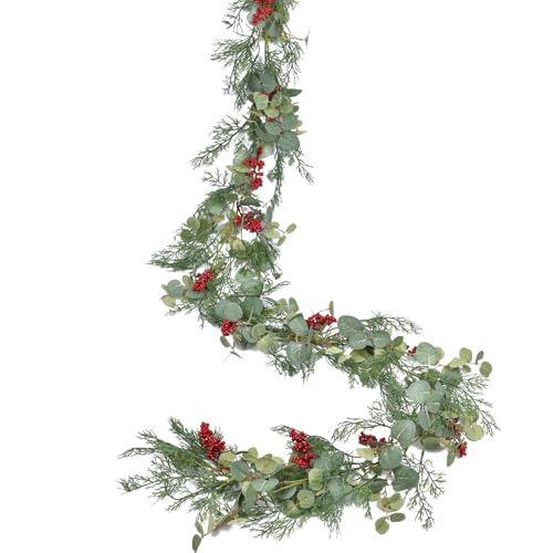 Lvydec Christmas 6Ft Pine Christmas Garland Realistic Artificial Faux Greenery Garland with Berry and Eucalyptus Leaves Cypress Garland for Mantle Holiday Fireplace Winter Decor - Image 1