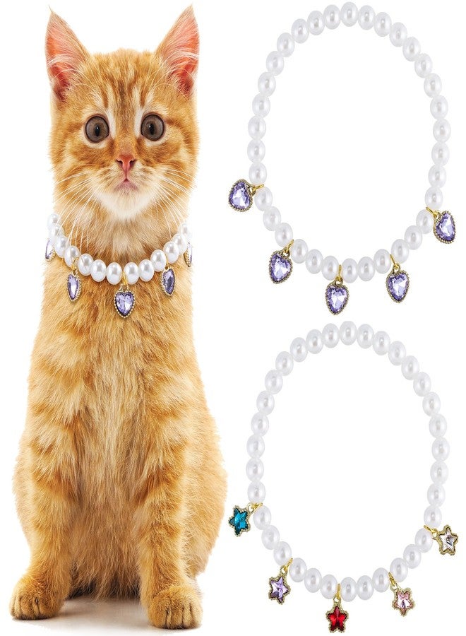 Mxxipp 2pcs Cat Pearl Collar with Heart Pendant, Cute Pearl Pet Necklace in Small with Colorful Star Pendants, Adjustable Wedding Party Small Dog Jewelry Accessories for Puppy Kitten- Purple - Image 1