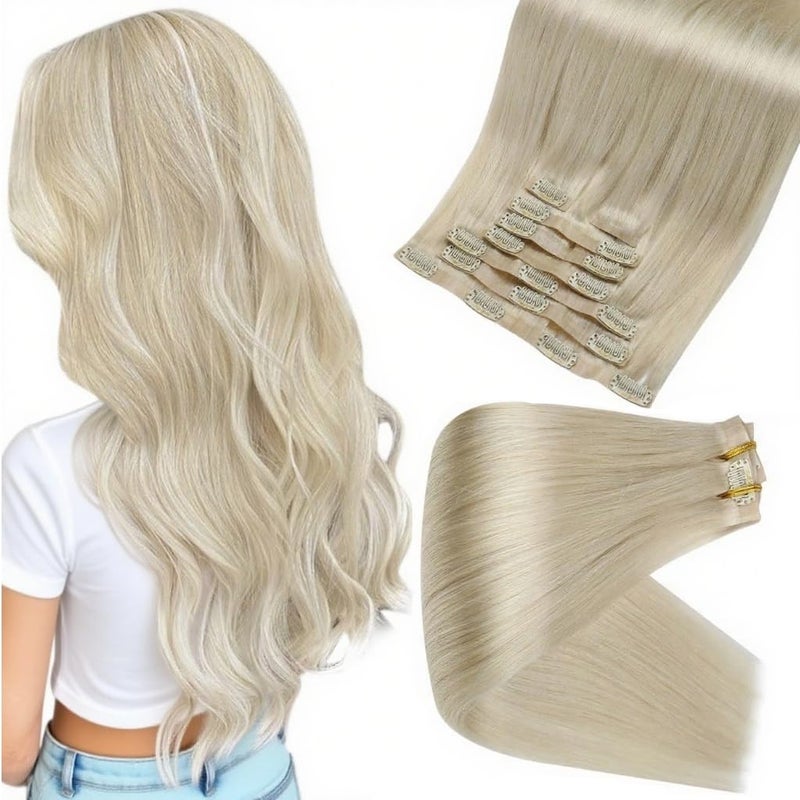 Full Shine Platinum Blonde Human Hair Clip in Extensions Platinum Blonde Clip in Hair Extensions Invisible Seamless Clip ins for Women 18 Inch 8 Pcs 120g - Image 1