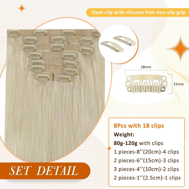Full Shine Platinum Blonde Human Hair Clip in Extensions Platinum Blonde Clip in Hair Extensions Invisible Seamless Clip ins for Women 18 Inch 8 Pcs 120g - Image 3