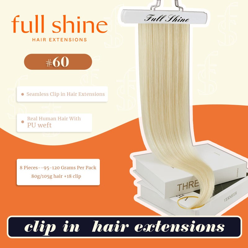 Full Shine Platinum Blonde Human Hair Clip in Extensions Platinum Blonde Clip in Hair Extensions Invisible Seamless Clip ins for Women 18 Inch 8 Pcs 120g - Image 2