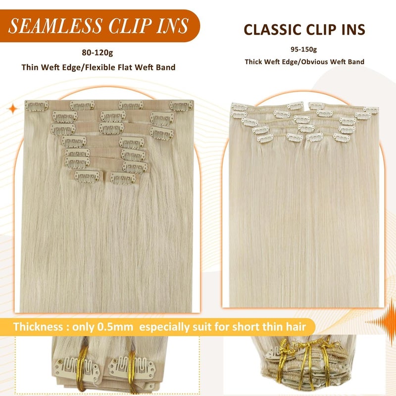 Full Shine Platinum Blonde Human Hair Clip in Extensions Platinum Blonde Clip in Hair Extensions Invisible Seamless Clip ins for Women 18 Inch 8 Pcs 120g - Image 4
