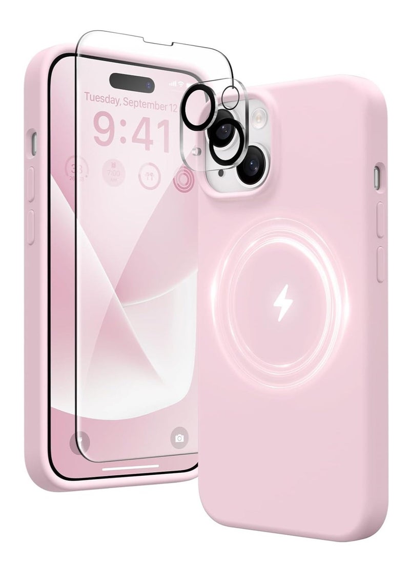 Raxoom ELTRAZONE 5-in-1 iPhone 15 Case – Magnetic, MagSafe-Compatible with 2x Screen Protectors & Camera Lens Protectors, Slim Skin-Like Silicone, 6.1" Pastel Pink - Image 1