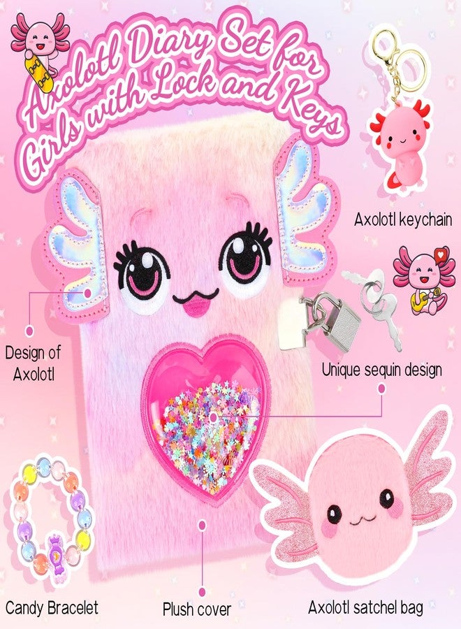 PrinBarBee Axolotl Diary For Girls With Lock And Keys, Girl Journal, Girls Fuzzy Notebook Gift Set For Writing And Drawing,Lock Diary For Kids, Birthday Gift For Kids Ages 6-8 - Image 2