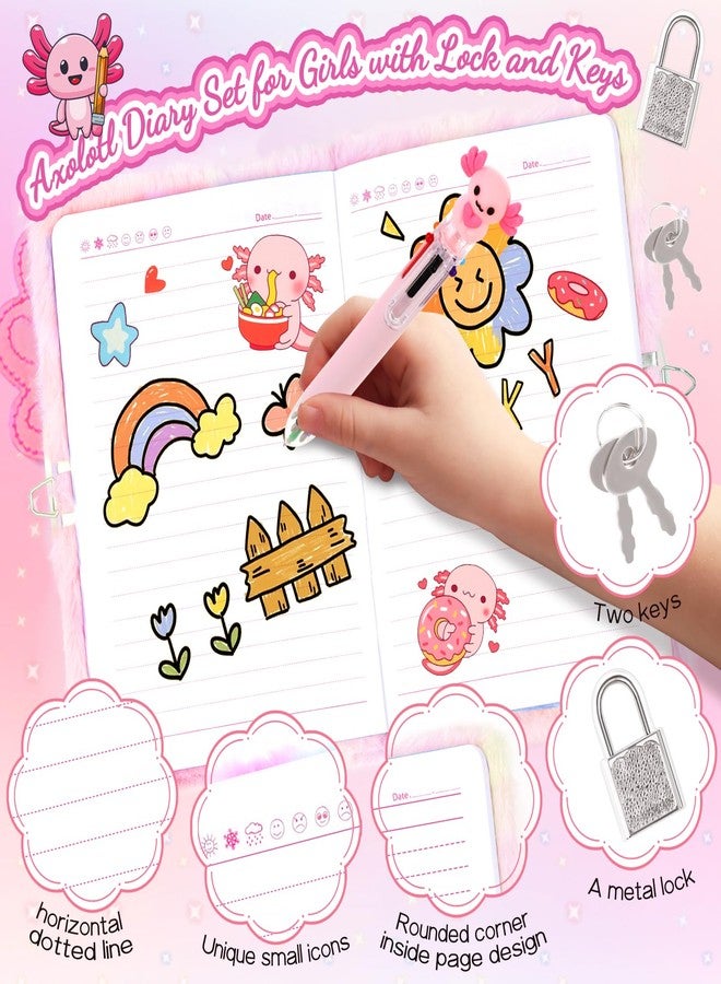 PrinBarBee Axolotl Diary For Girls With Lock And Keys, Girl Journal, Girls Fuzzy Notebook Gift Set For Writing And Drawing,Lock Diary For Kids, Birthday Gift For Kids Ages 6-8 - Image 3