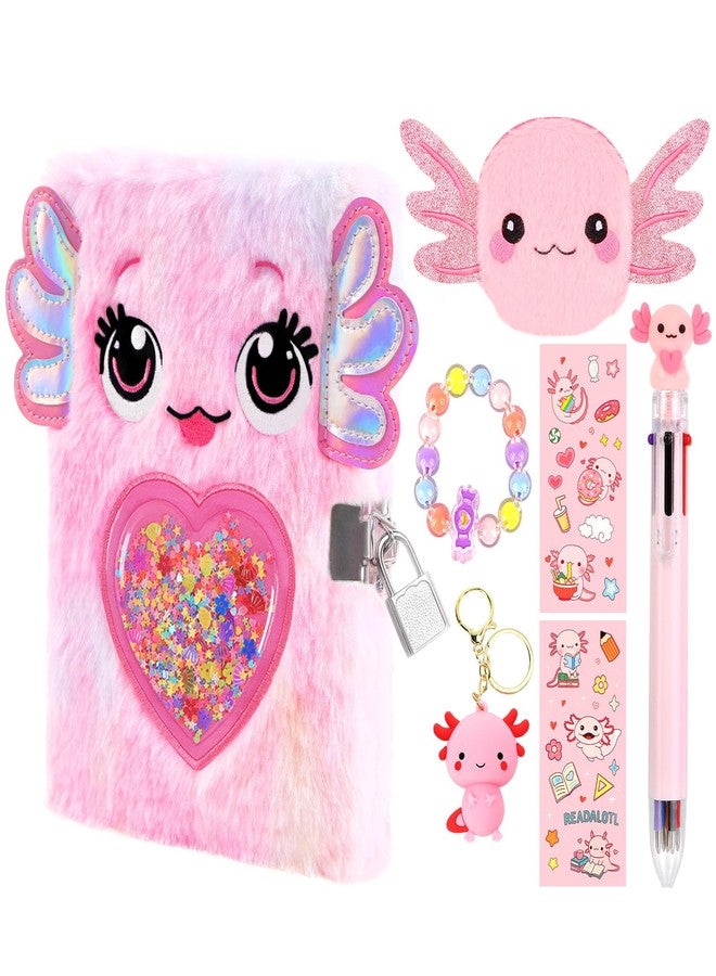 PrinBarBee Axolotl Diary For Girls With Lock And Keys, Girl Journal, Girls Fuzzy Notebook Gift Set For Writing And Drawing,Lock Diary For Kids, Birthday Gift For Kids Ages 6-8 - Image 1