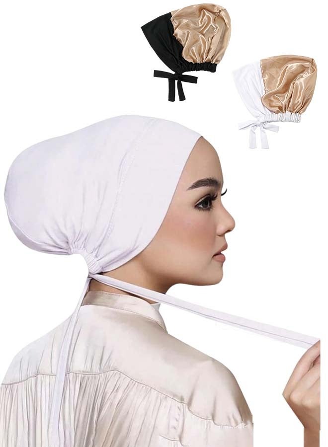 2 PCS Hijab Undercap for Women, Satin Undercap for Hijab Islamic Muslim Under Hijabcap Modal Head Wraps Tie Back Bonnet Inner Head Scarf Turbans for Women Hat Sleep Cap, Black+White - Image 1