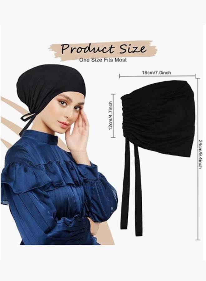2 PCS Hijab Undercap for Women, Satin Undercap for Hijab Islamic Muslim Under Hijabcap Modal Head Wraps Tie Back Bonnet Inner Head Scarf Turbans for Women Hat Sleep Cap, Black+White - Image 5
